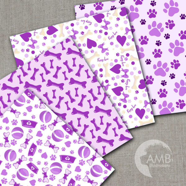 Puppy Dog Papers, Dog digital papers, Purple Dog Digital Backgrounds, Paws pattern papers, invites, card making and crafts, AMB-1068