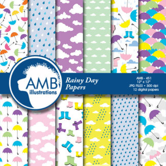 Rainy day digital paper, weather paper, clouds, raindrops, scrapbook, instant download, commercial use, AMB-451