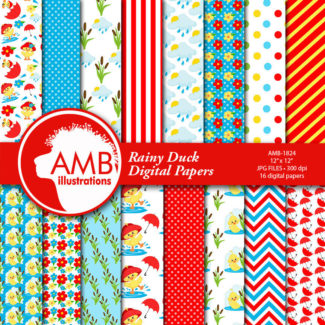 Rainy Days Digital Papers, Duck Papers, Rubber Duck Papers, Red Umbrella Papers, Cute Duck Papers, Spring Papers, Commercial Use, AMB-1824