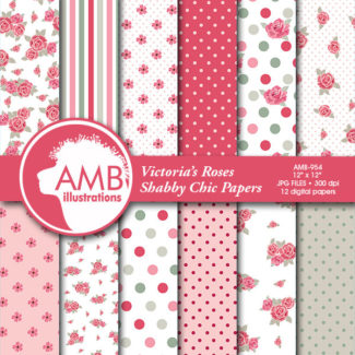 Roses Digital Papers, Shabby chic papers, pastel pink papers,spring scrapbook papers, commercial use, AMB-954