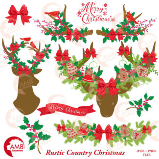 Rustic Country Christmas clip art, Christmas Antler clipart, Floral Deer clipart, Antler clipart, Rustic clipart, AMB-1506