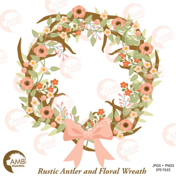 Rustic Wedding Antler and Floral Wreath Clipart, Floral Deer clipart, Antler clipart, Rustic Wedding clipart, AMB-1481