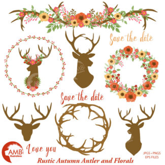Rustic Wedding clipart, Floral Antlers, Antler and Floral Wedding Wreath in Rustic Reds, Floral Deer Antler clipart, AMB-1488