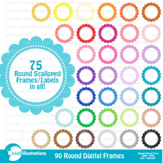 Scalloped frames, round labels, scalloped labels, commercial use, digital clip art, AMB-1153
