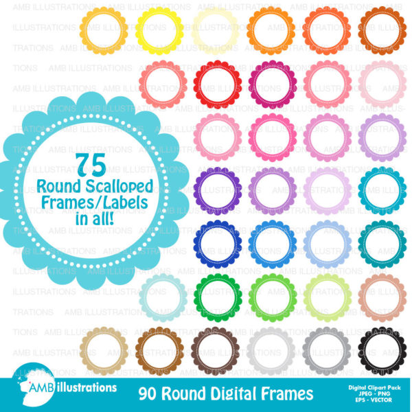 Scalloped frames, round labels, scalloped labels, commercial use, digital clip art, AMB-1153