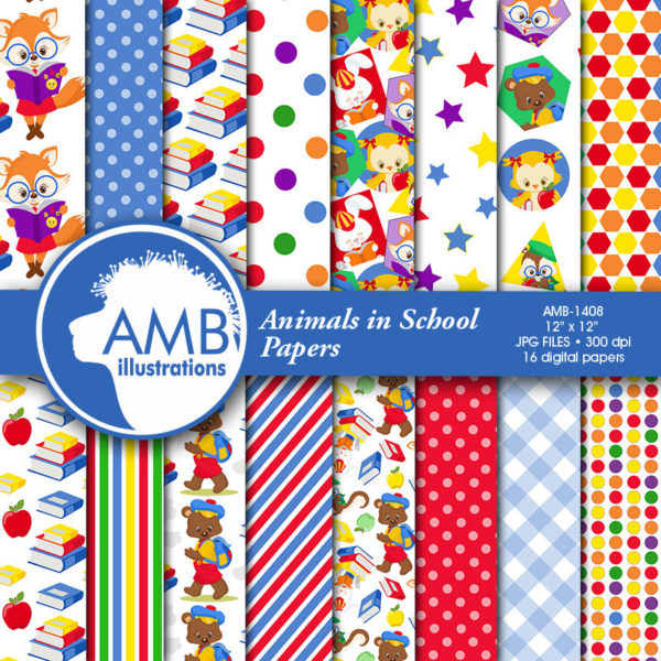 School digital papers, Classroom scrapbook papers, animal school paper, Back to school papers, School paper, commercial use, AMB-1408