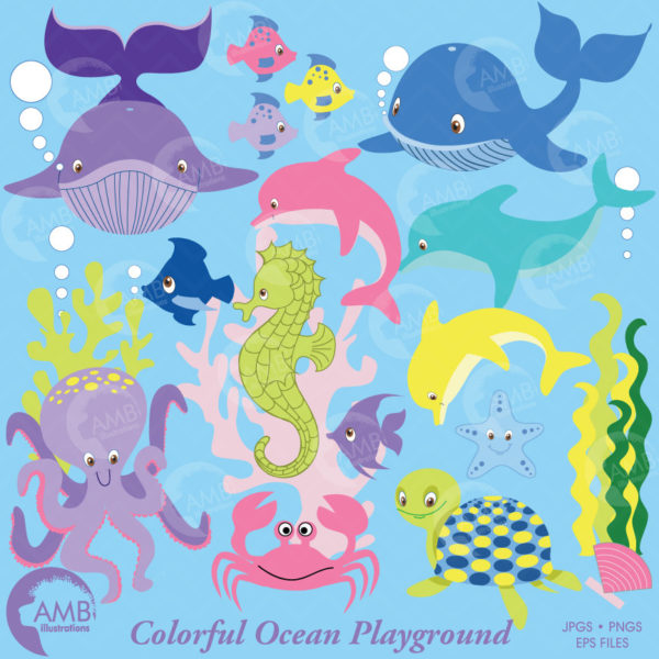 Sea creatures clipart, sea creatures clip art, whale clipart, commercial use, vector graphics, digital clip art, AMB-458