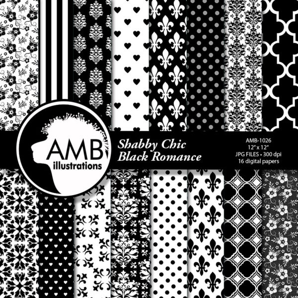 Shabby Chic Black Digital papers, Floral Lace Papers, Geometric White on Black Patterns, commercial use, AMB-1026