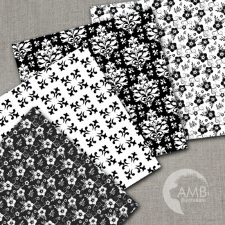Shabby Chic Black Digital papers, Floral Lace Papers, Geometric White on Black Patterns, commercial use, AMB-1026