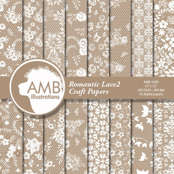 Shabby Chic Craft lace papers, Lace backgrounds, Full lace digital paper, White lace on craft color, commercial use, AMB-1028