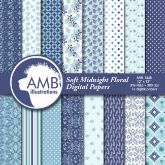 Shabby Chic Digital paper,  Blue on Blue Tone Floral papers, Flower Digital Papers, Floral patterns, Commercial Use, AMB-1445