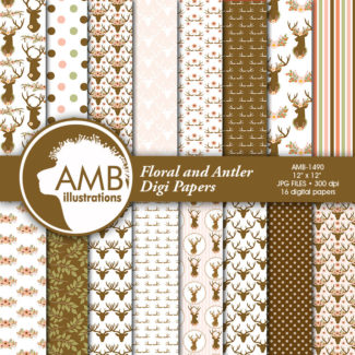 Shabby Chic Floral and Antler paper, floral Digital Papers, wedding paper, floral pattern, scrapbook paper,  AMB-1490