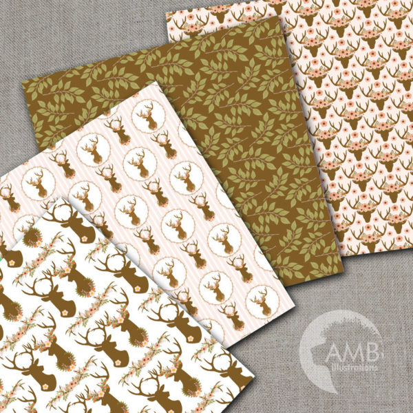 Shabby Chic Floral and Antler paper, floral Digital Papers, wedding paper, floral pattern, scrapbook paper,  AMB-1490