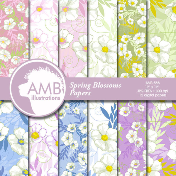 Shabby Chic Floral Papers, Shabby chic papers, spring papers, Blossoms scrapbook papers, Commercial use, instant download, AMB-588