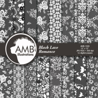 Shabby Chic lace papers, Lace backgrounds, Full lace digital paper, White lace on Black, simple lace paper, commercial use, AMB-1029