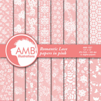 Shabby Chic lace papers, Lace backgrounds, Full lace digital paper, white lace on pink, simple lace paper, commercial use, AMB-1027