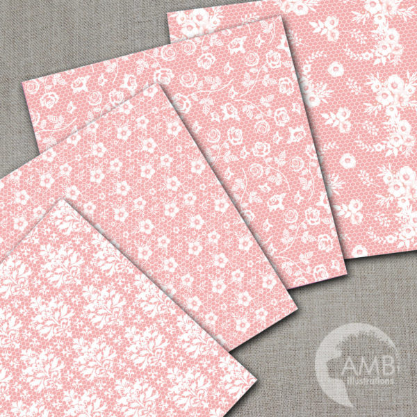 Shabby Chic lace papers, Lace backgrounds, Full lace digital paper, white lace on pink, simple lace paper, commercial use, AMB-1027