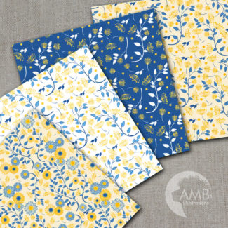 Shabby Chic paper,  blue and yellow floral paper, floral Digital Papers, Shabby chic floral, floral pattern, commercial use, AMB-1418
