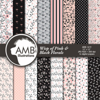 Shabby Chic paper,  pink and black floral paper, floral Digital Papers, Shabby chic floral, floral pattern, commercial use, AMB-1419
