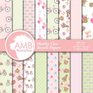 Shabby chic papers, Bicycle Digital Papers, Wedding papers, Floral patterns, Flower Baskets, country chic, commercial use, AMB-1353
