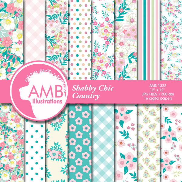 Shabby Chic papers, Floral Digital Papers, Summer Pastel papers and backgrounds, Pink Flower paper, Country scrapbook paper, AMB-1322