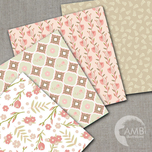 Shabby Chic papers, Flower patterns in soft browns,  floral pattern, scrapbook papers for all your crafts, commercial use, AMB-1289