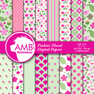 Shabby Chic papers, Pink floral Papers, Soft and bright pink floral pattern, Spring paper, commercial use, AMB-1410