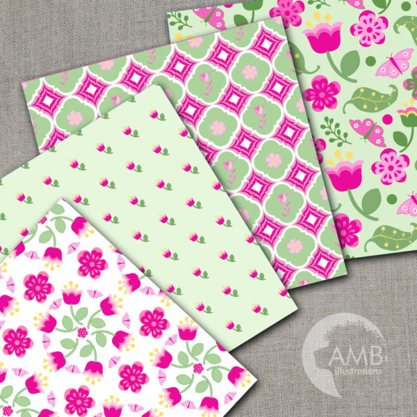 Shabby Chic papers, Pink floral Papers, Soft and bright pink floral pattern, Spring paper, commercial use, AMB-1410