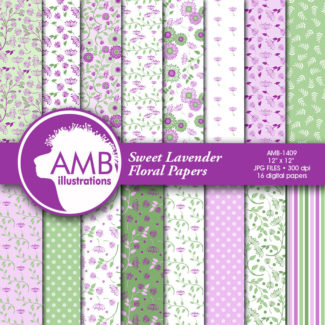 Shabby Chic papers, Violet floral Papers,  Purple floral pattern, Lilac scrapbook paper for all your crafts, commercial use, AMB-1409