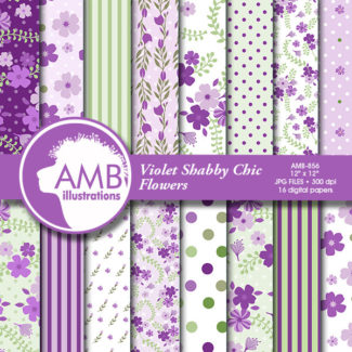 Shabby Chic papers, Violet floral Papers,  Purple floral pattern, Lilac scrapbook papers for all your crafts, commercial use, AMB-856