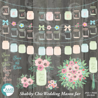 Shabby Chic wedding clipart, Mason jar clipart, Shabby chic floral, save the date clipart, commercial use, AMB-966