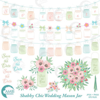 Shabby Chic wedding clipart, Mason jar clipart, Shabby chic floral, save the date clipart, commercial use, AMB-966