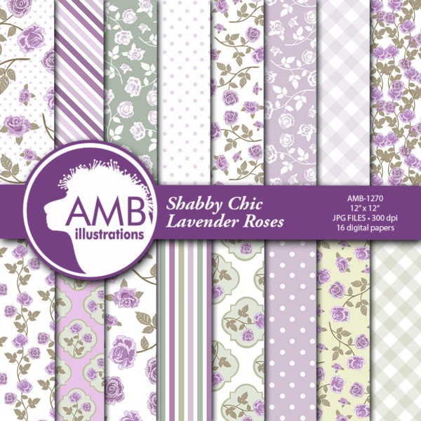Shabby Chic Wedding Papers, Floral papers, Purple Digital Papers, Lavender Wedding Scrapbook Papers, Commercial Use, AMB-1270