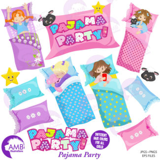 Slumber Party Clipart, Pyjama Party, Girls Sleep over, Pajama Clipart, Sleeping bag, Commercial use, AMB-1235