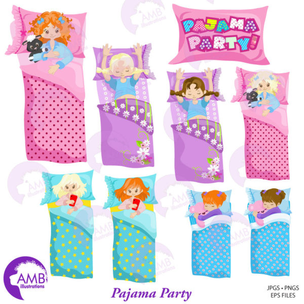 Slumber Party Clipart, Pyjama Party, Girls Sleep over, Pajama Clipart, Sleeping bag, Commercial use, AMB-1235