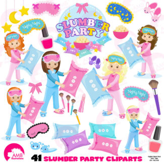 Slumber party, girls sleep over, pyjama party clipart, Birthday party clipart, commercial use, digital clip art, AMB-1234