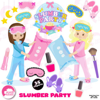Slumber party, girls sleep over, pyjama party clipart, Birthday party clipart, commercial use, digital clip art, AMB-1234