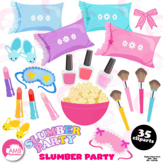 Slumber party, girls sleep over, pyjama party clipart, Birthday party clipart, commercial use, digital clip art, AMB-1234