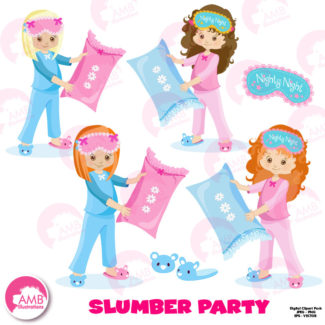 Slumber party, girls sleep over, pyjama party clipart, Birthday party clipart, commercial use, digital clip art, AMB-1234