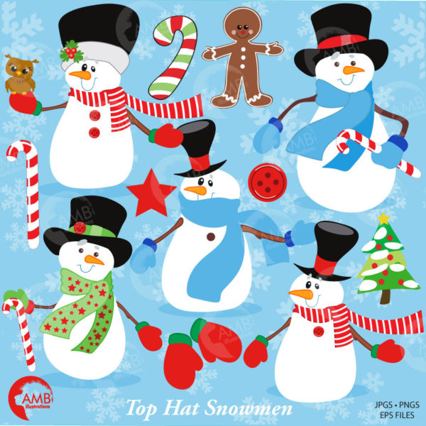 Snowman Clipart, Christmas Clipart, Snowman with Mittens, Gingerbread Clipart, Candy Cane Clipart, Commercial Use, AMB-502
