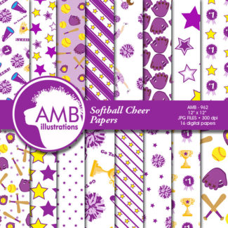 Softball Digital Papers, Purple Cheerleader papers, Sport scrapbook papers, Purple baseball backgrounds, Commercial Use, AMB-962