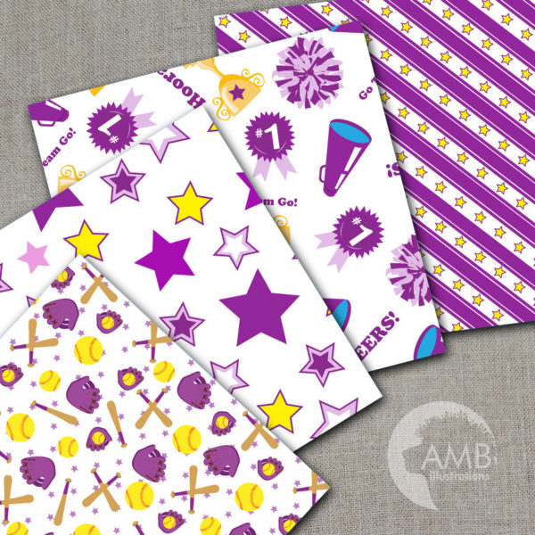 Softball Digital Papers, Purple Cheerleader papers, Sport scrapbook papers, Purple baseball backgrounds, Commercial Use, AMB-962