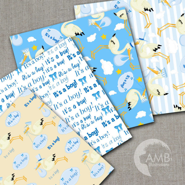 Stork digital papers, Baby Boy, Newborn papers, Baby Shower Papers, Special Delivery, It's a boy scrapbook papers, AMB-834