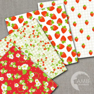 Strawberry digital papers, Berries papers, Strawberries scrapbook papers, Red and green Berry Papers, commercial use, AMB-497