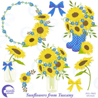 Sunflower clipart, Wedding clipart, shabby chic blue, sunflowers, country wedding, country party, mason jar, AMB-1435