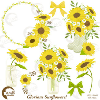 Sunflower clipart, Wedding clipart, shabby chic, sunflowers, country wedding, country party, mason jar, sunflower clipart, AMB-1416