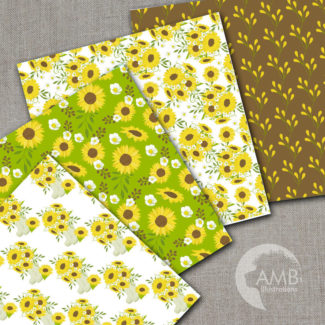 Sunflower digital papers, Floral papers, Sunflower Scrapbook papers, Reds, Yellows and Green Floral Papers, Commercial use, AMB-1428