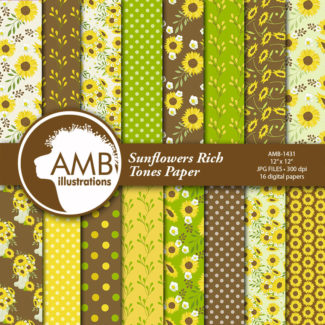 Sunflower digital papers, Floral papers, Sunflower Scrapbook papers, Reds, Yellows and Green Floral Papers, Commercial use, AMB-1431
