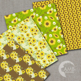 Sunflower digital papers, Floral papers, Sunflower Scrapbook papers, Reds, Yellows and Green Floral Papers, Commercial use, AMB-1431