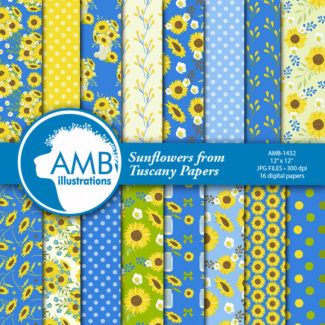 Sunflower digital papers, Floral papers, Sunflower scrapbook papers, Yellow and Blue Floral Papers, Commercial use, AMB-1432